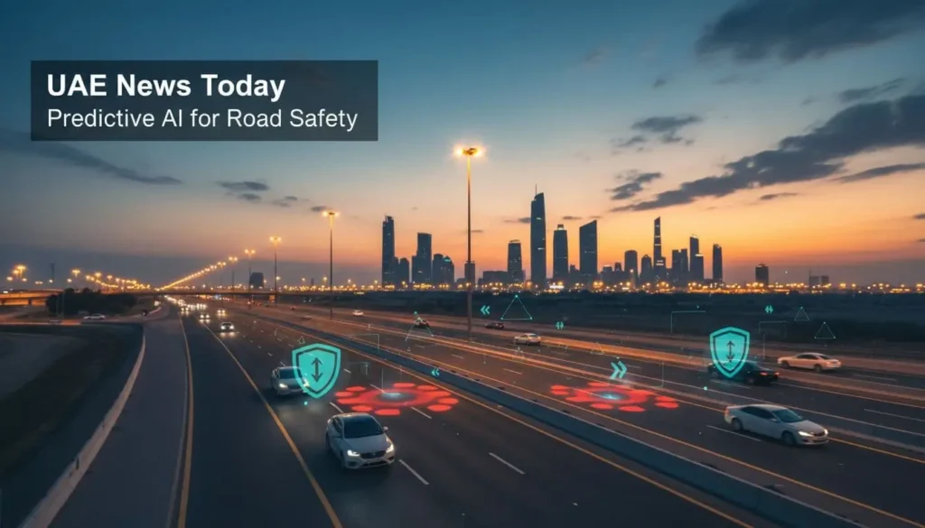 Abu Dhabi highway at dusk with cars and futuristic AI safety overlays, representing predictive traffic crash prevention in the UAE.
