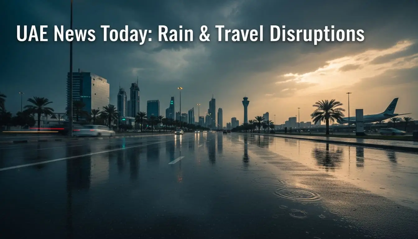 Rain-soaked UAE city street with cars and a distant airport silhouette under storm clouds, representing UAE rain and travel disruption news.