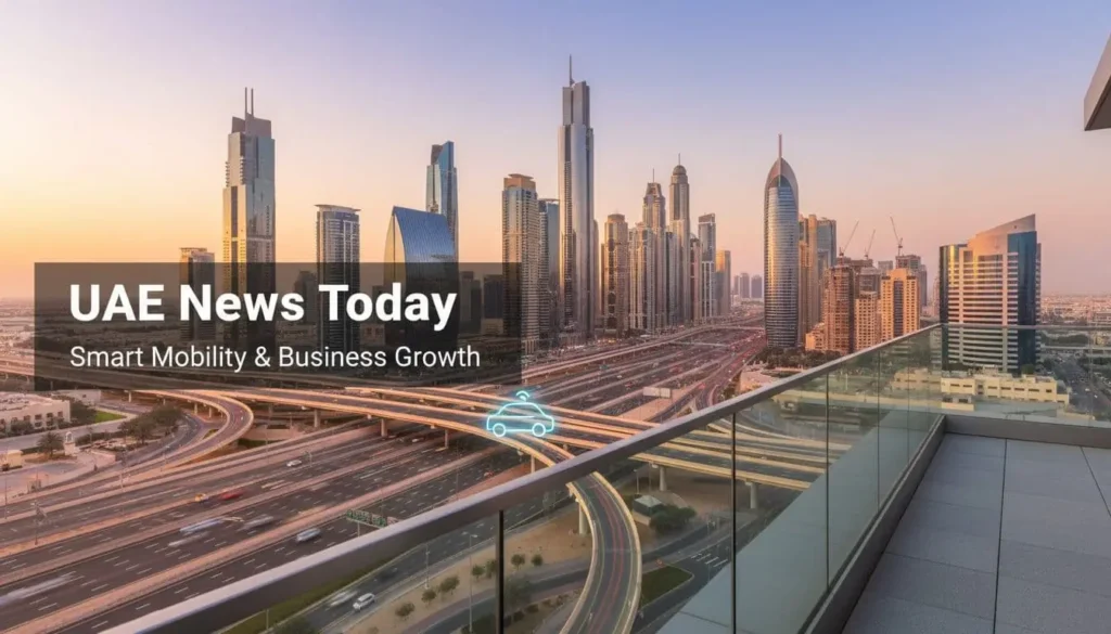 Golden hour view of Dubai and Abu Dhabi skylines with modern highways, light trails, and an autonomous vehicle icon representing smart mobility and business growth in the UAE.