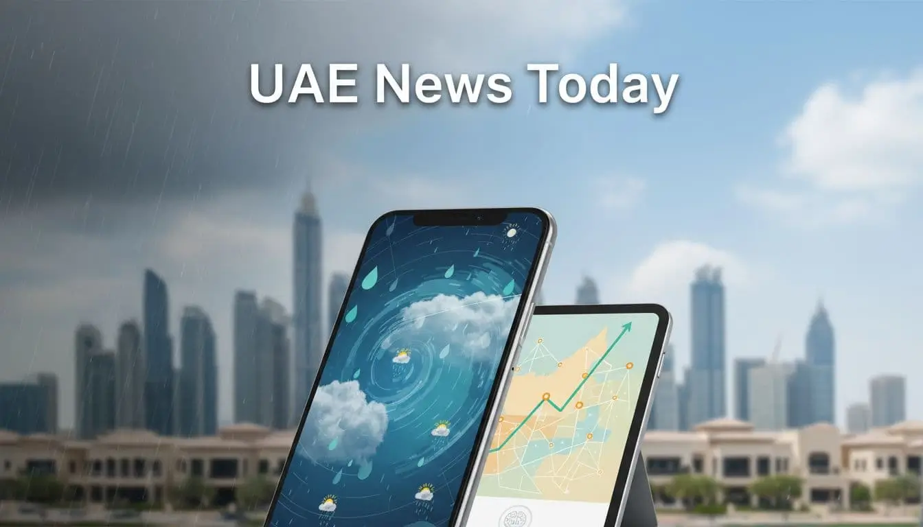 Smartphone showing UAE weather radar beside a tablet with rising property valuation graphs against a modern Dubai skyline.