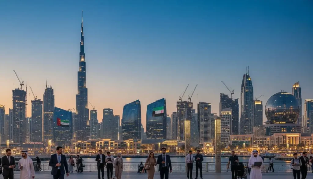 Wide evening view of blended Dubai and Abu Dhabi skylines with cranes, hotels, and a busy waterfront promenade filled with people, symbolising UAE tourism and mega projects growth.
