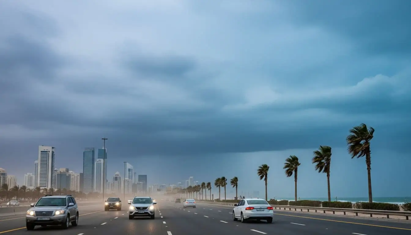 UAE weather forecast image showing a highway with blowing dust and storm clouds over a coastal skyline