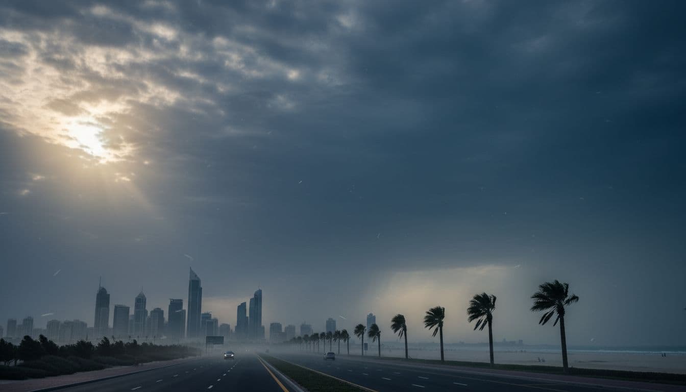 UAE weather forecast with mist risk, windy conditions, and rain clouds over a Dubai skyline