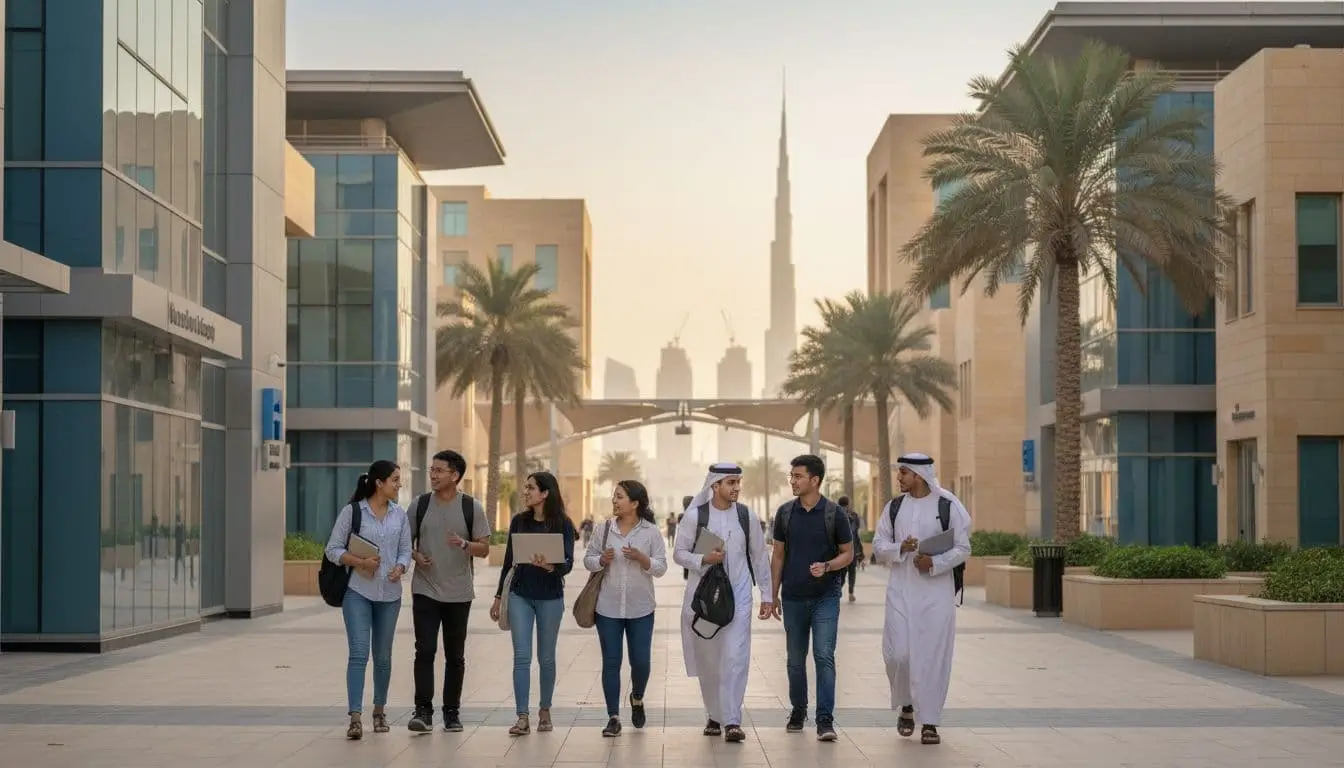 Students walking through a modern Dubai campus at Academic City, reflecting rising enrolment and demand for local services.