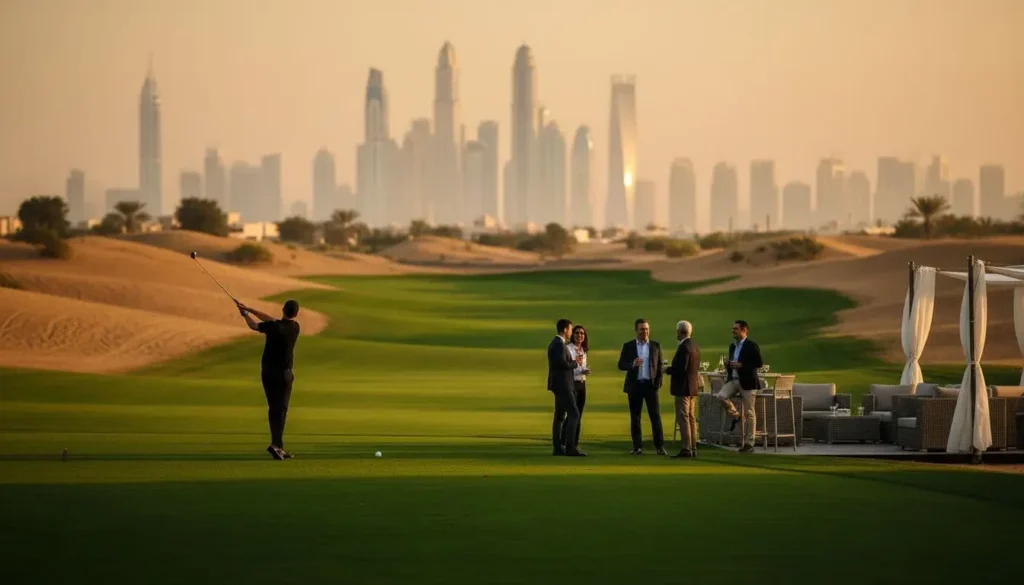 Golfer on Dubai golf course at golden hour with Dubai skyline during Hero Dubai Desert Classic week