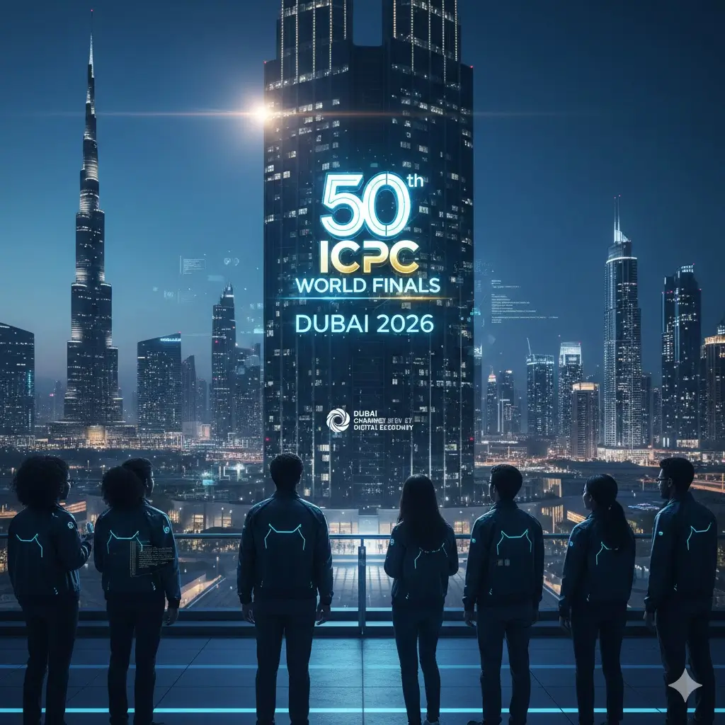A futuristic view of Dubai skyline at night with "50th ICPC World Finals Dubai 2026" glowing on a skyscraper, symbolizing UAE's digital economy.