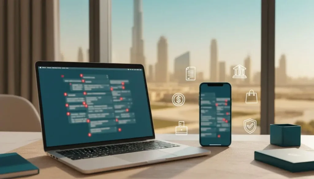 Laptop and phone on a Dubai desk showing a blurred Gmail inbox with icons for bills, banking, shopping, and security