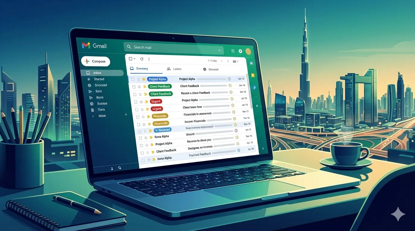 organized gmail inbox with dubai skyline for productivity