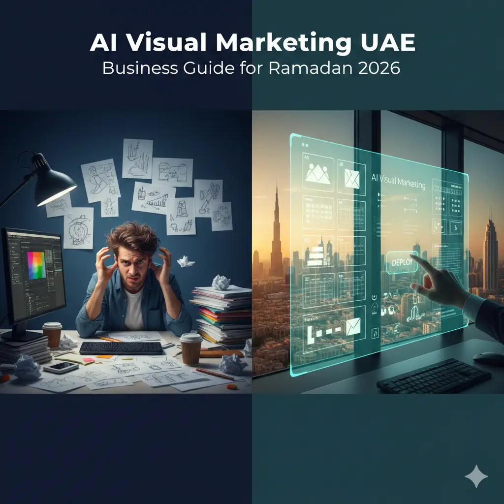 Split screen comparison of traditional stressed designer versus streamlined AI visual marketing workflow with Dubai Burj Khalifa skyline