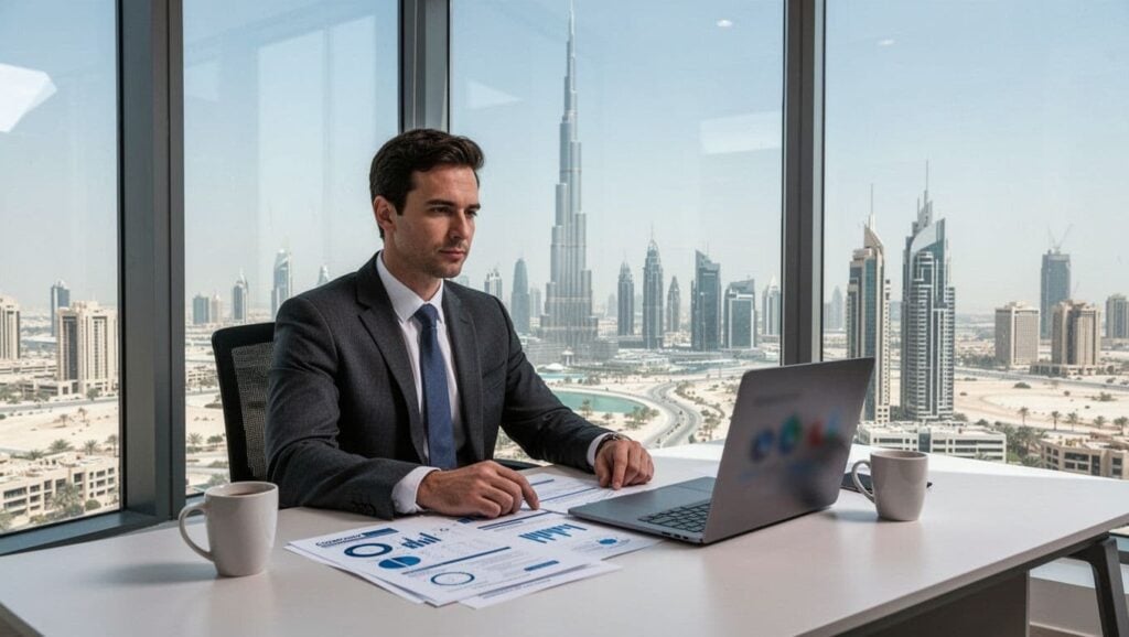 business professional dubai office burj khalifa skyline