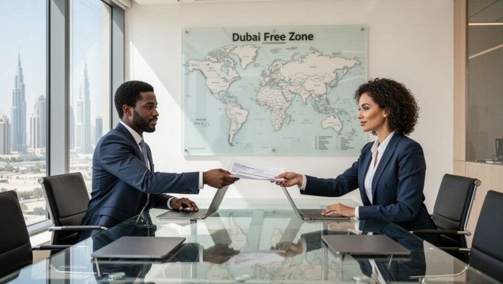 dubai business professionals handing documents conference room