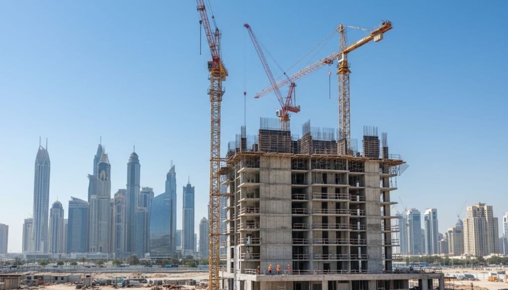 dubai construction site three cranes skyscrapers b3f897f1