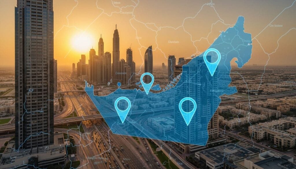 dubai sheikh zayed road blue map pins sunset b7ab2859