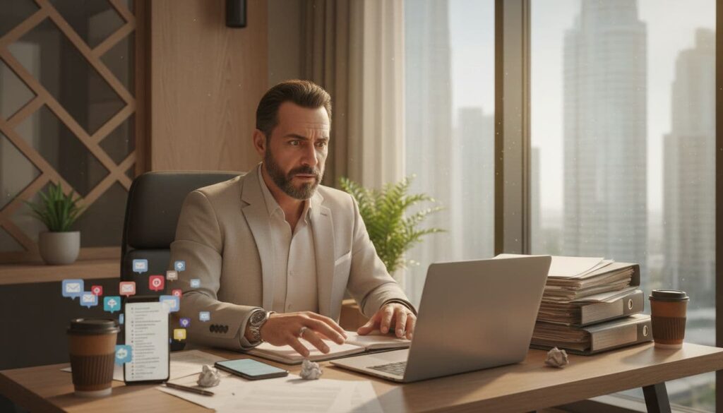 overwhelmed uae business owner dubai office