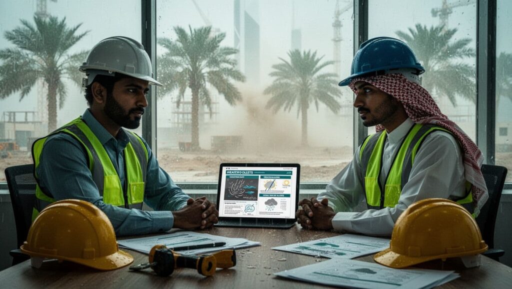 uae construction professionals reviewing weather hazard guides a5f00039