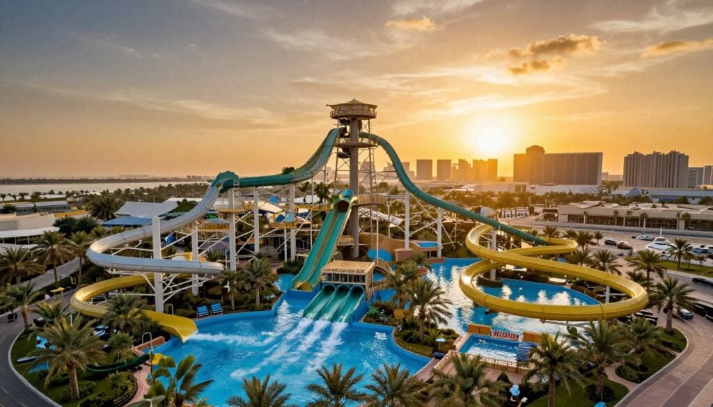 yas waterworld abu dhabi sunset aerial expansion c51304e5