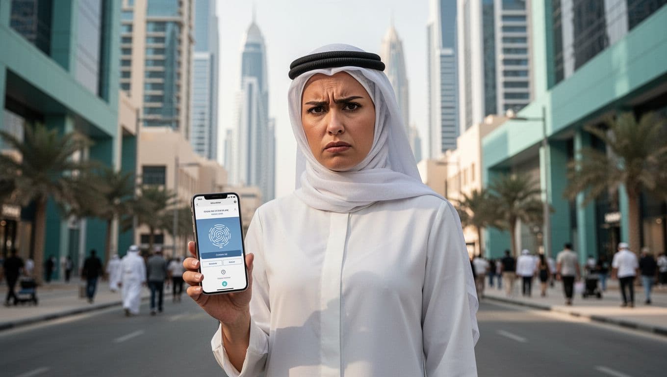 An annoyed Emirati female professional in Abu Dhabi's business district holds a smartphone showing a desktop-first website poorly adapted for mobile, with tiny buttons, hard-to-use forms, and slow page load spinner against UAE urban backdrop.