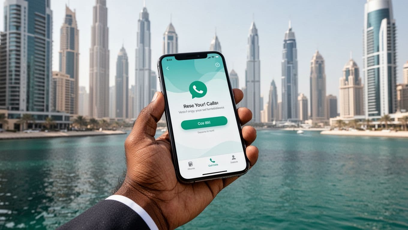 A single South Asian professional holds a smartphone displaying a fast-loading mobile website with clear navigation and CTA in Dubai Marina's urban setting. Captured in natural outdoor daylight with a focused composition on the hand at an angle, in a clean, trustworthy modern style for UAE business directories.