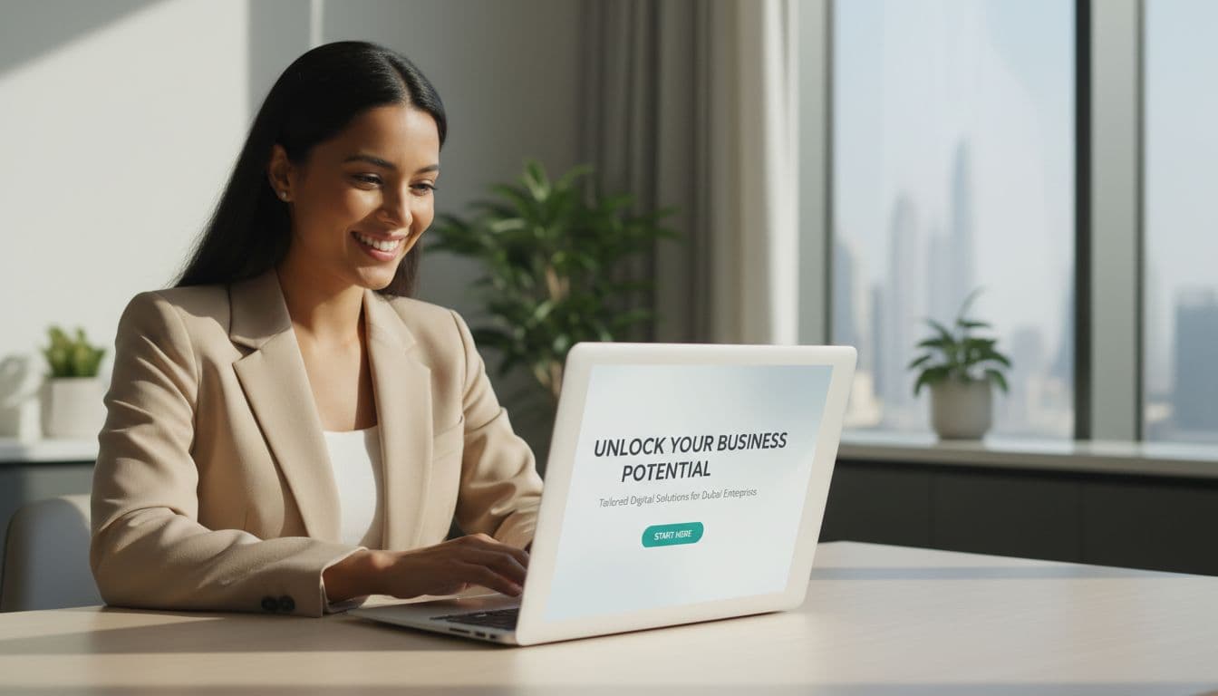 A diverse Emirati business owner sits at a desk in a modern Dubai office, positively reacting to a clean laptop homepage hero section with bold headline, subtext, and prominent CTA button. Professional editorial photography in natural window light, trustworthy modern style for UAE directory.