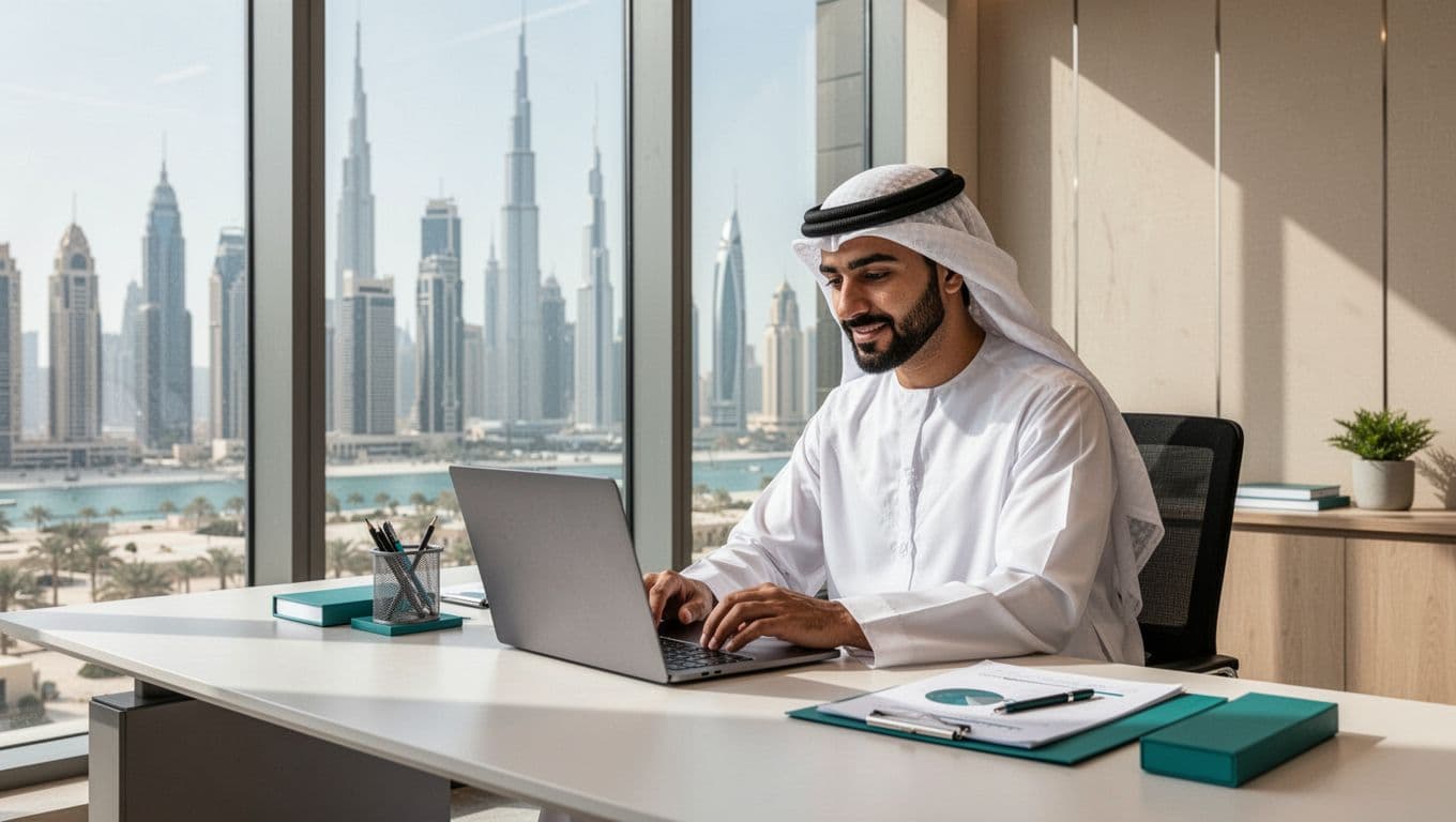 An Emirati business owner in a modern Dubai office reviews trust signals like local addresses and customer reviews on his laptop screen, viewed at an angle with no readable text. The professional setting includes a city skyline view, natural daylight, and clean trustworthy style with exactly one person.