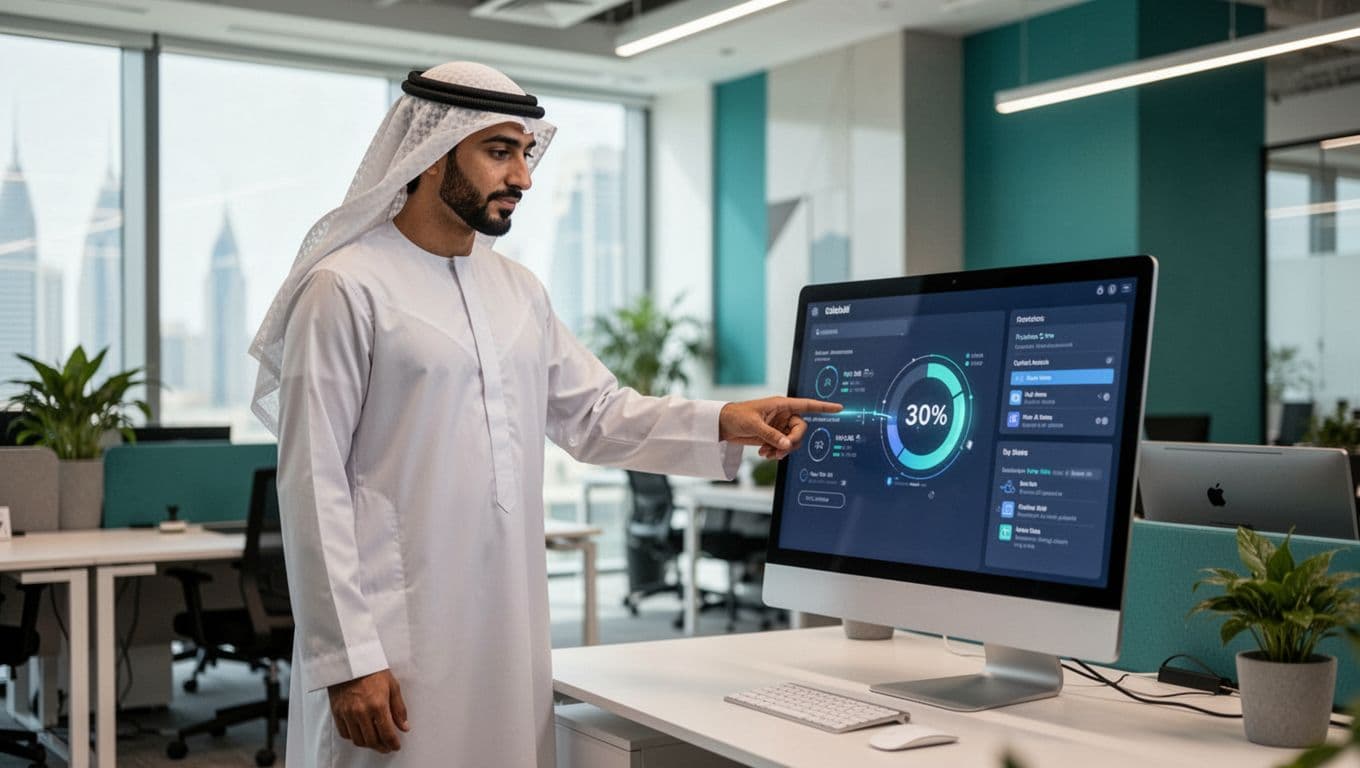 A sole Emirati male business professional in an Abu Dhabi coworking space points directly at a prominent CTA button on a desktop screen, with minimal distractions, natural lighting, and subtle teal accents for a clean, trustworthy modern style.