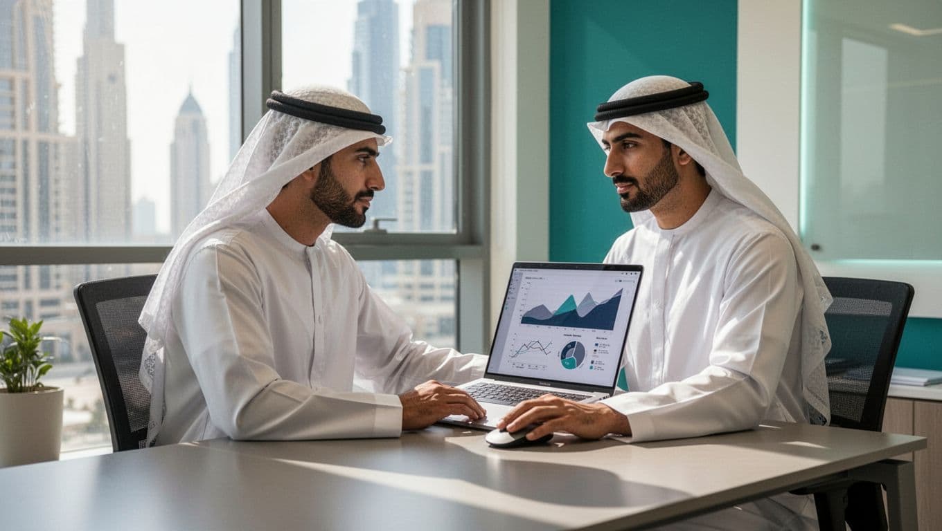 Diverse Emirati male business owner seated at desk in modern Dubai office, analyzing website analytics dashboard on laptop displaying traffic sources, bounce rates, and conversion funnels graphs. Professional editorial photography with natural daylight, subtle teal accents, focused on person and screen.