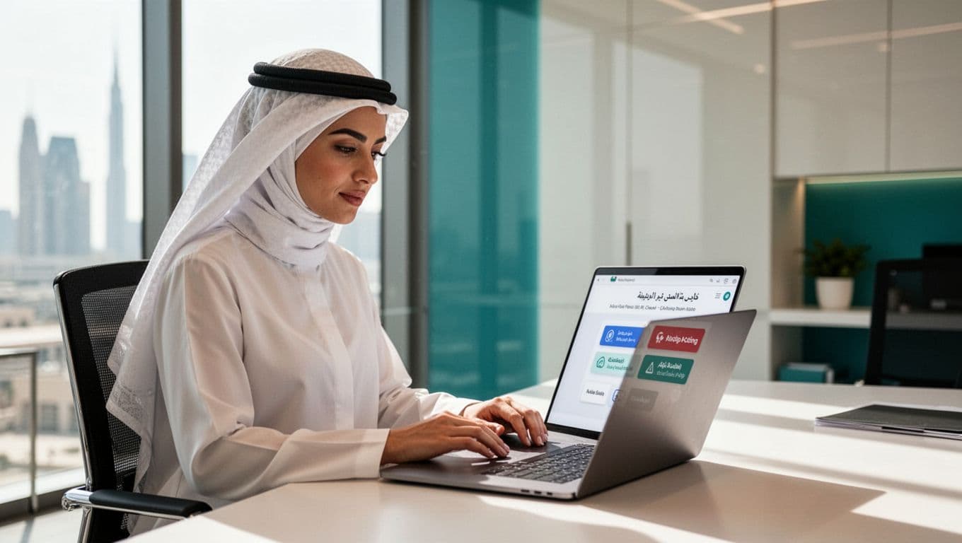 An Emirati female business owner in a modern Abu Dhabi office examines a laptop displaying a webpage with prominent, trustworthy CTA buttons like 'Get Free Quote Now' and 'Book Consultation'. Professional editorial style with natural daylight, subtle teal accents, and focus on relaxed hands.