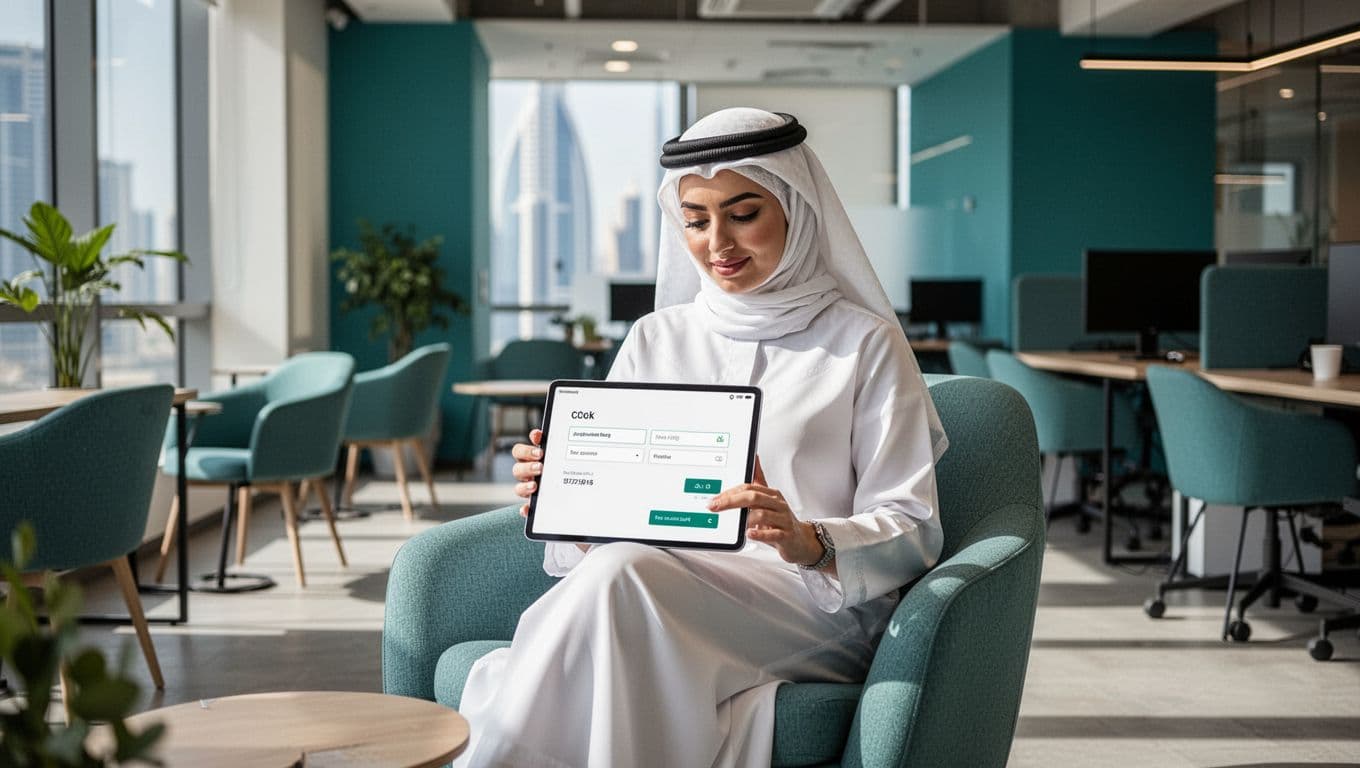 An Emirati female entrepreneur in a modern Dubai coworking space examines a transparent checkout on her tablet in a relaxed pose, emphasizing trust and safety with natural daylight and subtle teal accents.