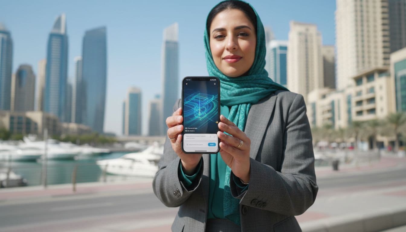 A diverse Emirati professional in business attire uses a smartphone displaying Google Maps with conversational Ask Maps results and 3D immersive navigation preview of Dubai Marina's high-rises and waterfront.