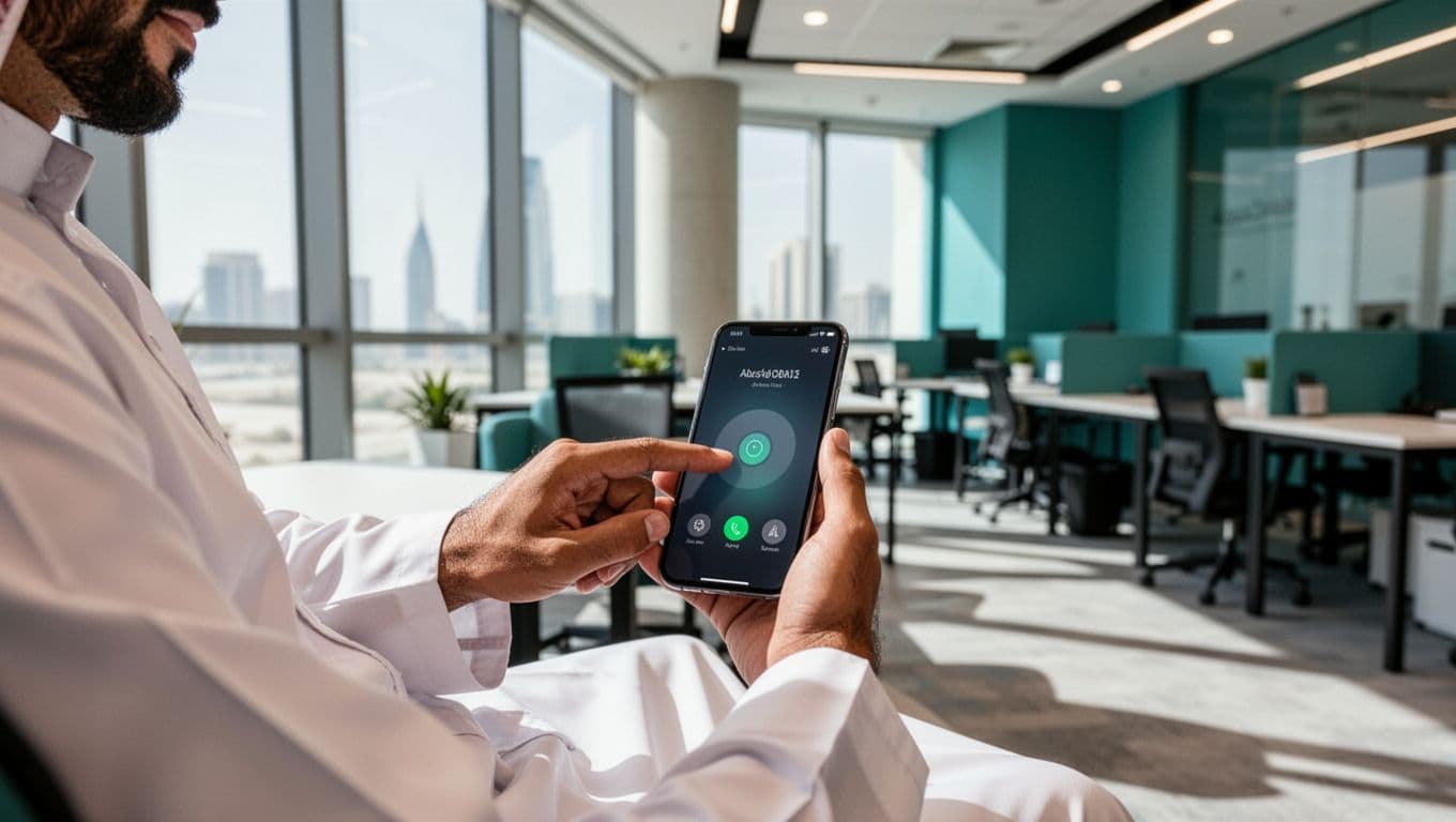 An Emirati male professional in an Abu Dhabi coworking space taps a large button on his mobile phone screen, highlighting mobile-first design with easy tap targets. Professional editorial photo with natural lighting and subtle teal accents.