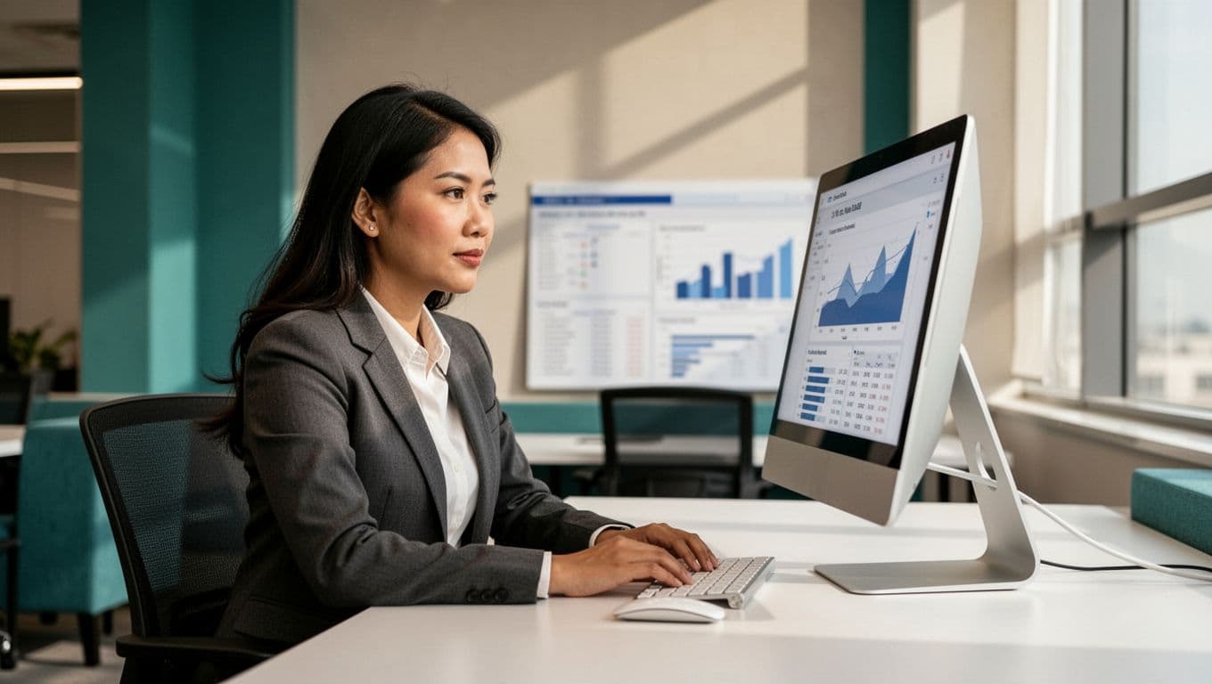 Filipino female business professional in Abu Dhabi coworking space views A/B test comparison charts on desktop screen displaying conversion metrics, relaxed pose in clean modern style.