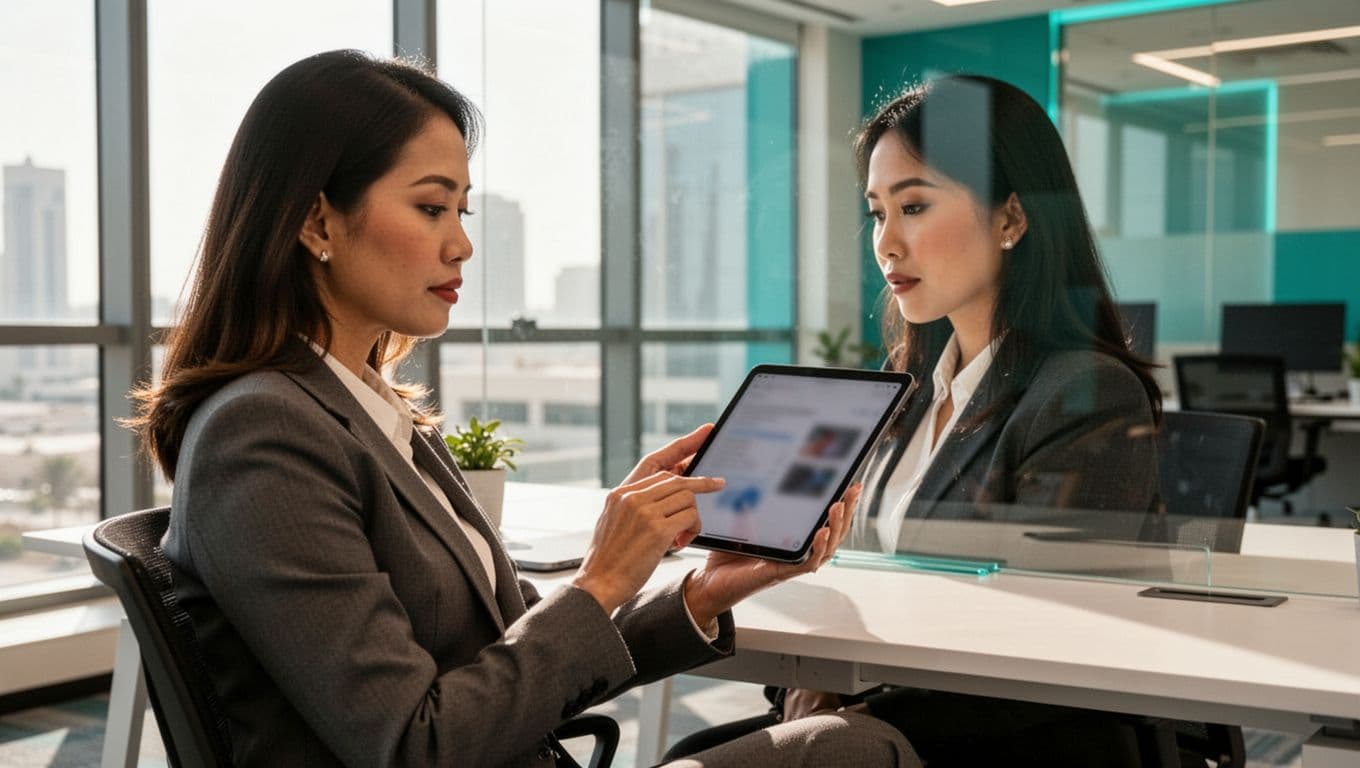 A Filipino businesswoman in a modern Sharjah office reviews a simple, scannable webpage on her tablet, featuring clear headings and bullet points for quick answers. Professional editorial style with natural light and subtle teal accents emphasizes trustworthiness.