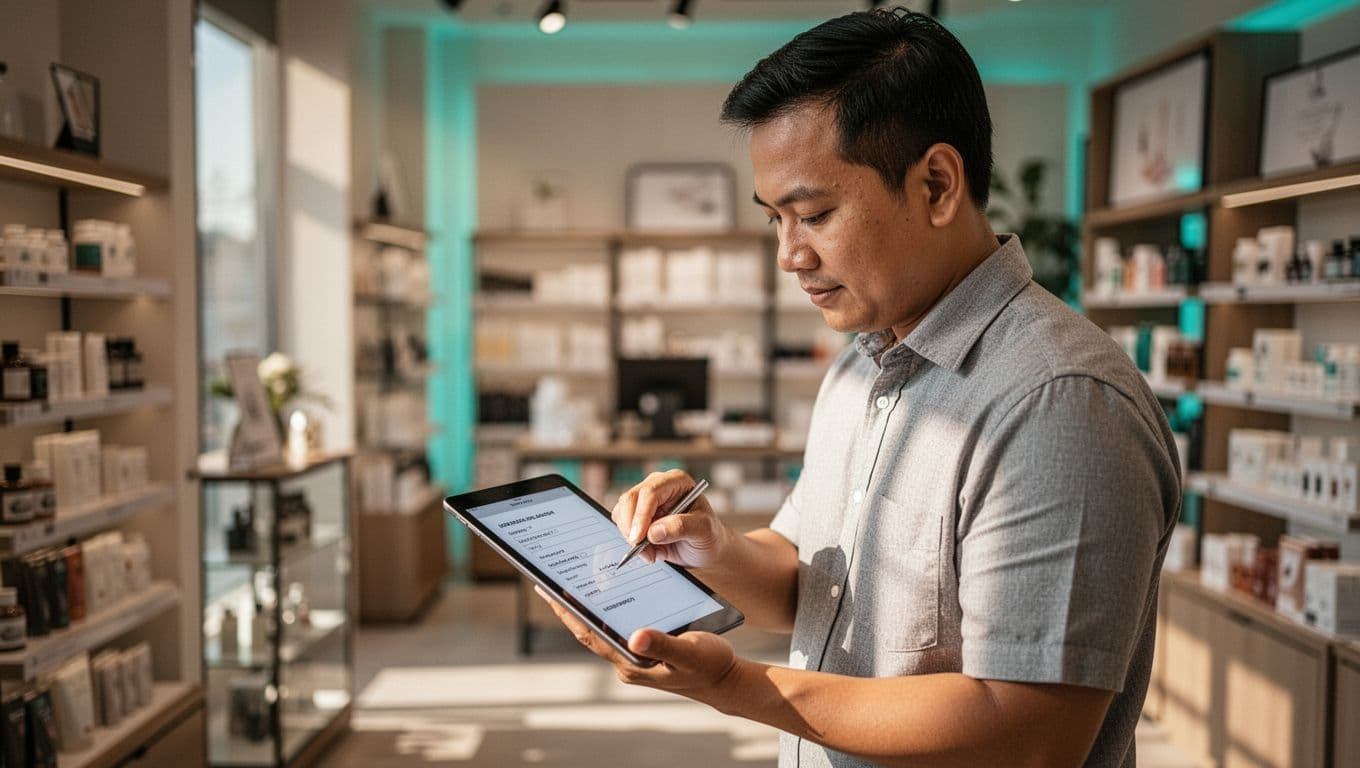 A focused Filipino entrepreneur in a Dubai retail space completes a short quote request form on a tablet, with blurred shop shelves in the warm-lit background.