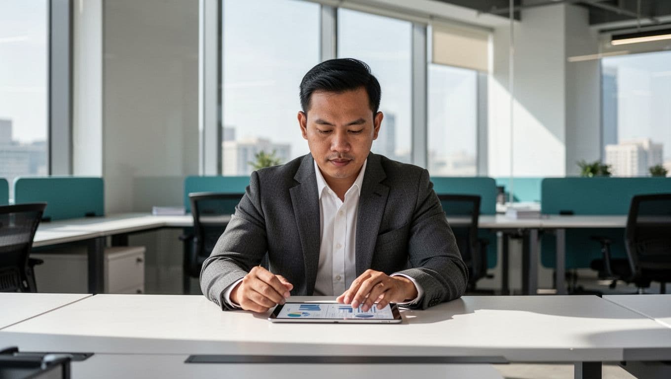 A Filipino male professional in a modern Sharjah coworking space relaxes at a table, reading the FAQ section and real customer testimonials with comparisons on his tablet screen, captured in professional UAE business photography style with natural lighting and subtle teal accents.