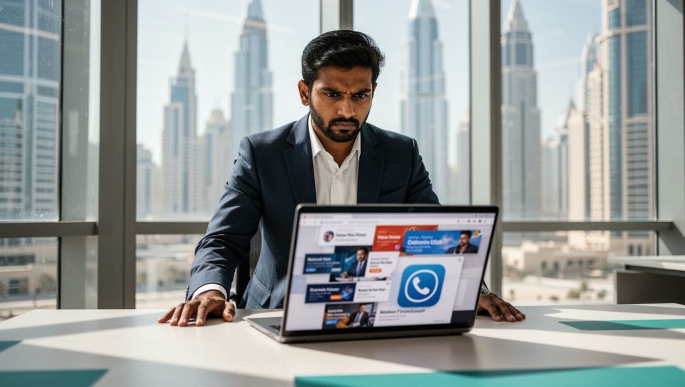 Frustrated diverse South Asian male business owner in modern Dubai office looks at cluttered laptop screen with overlapping banners, generic headlines, and hidden phone icon.