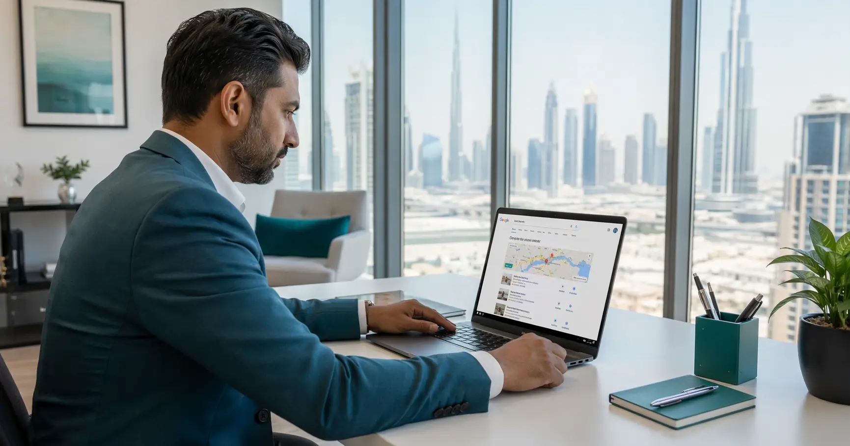 UAE business owner reviewing Google Maps Local 3-Pack results on laptop in Dubai office