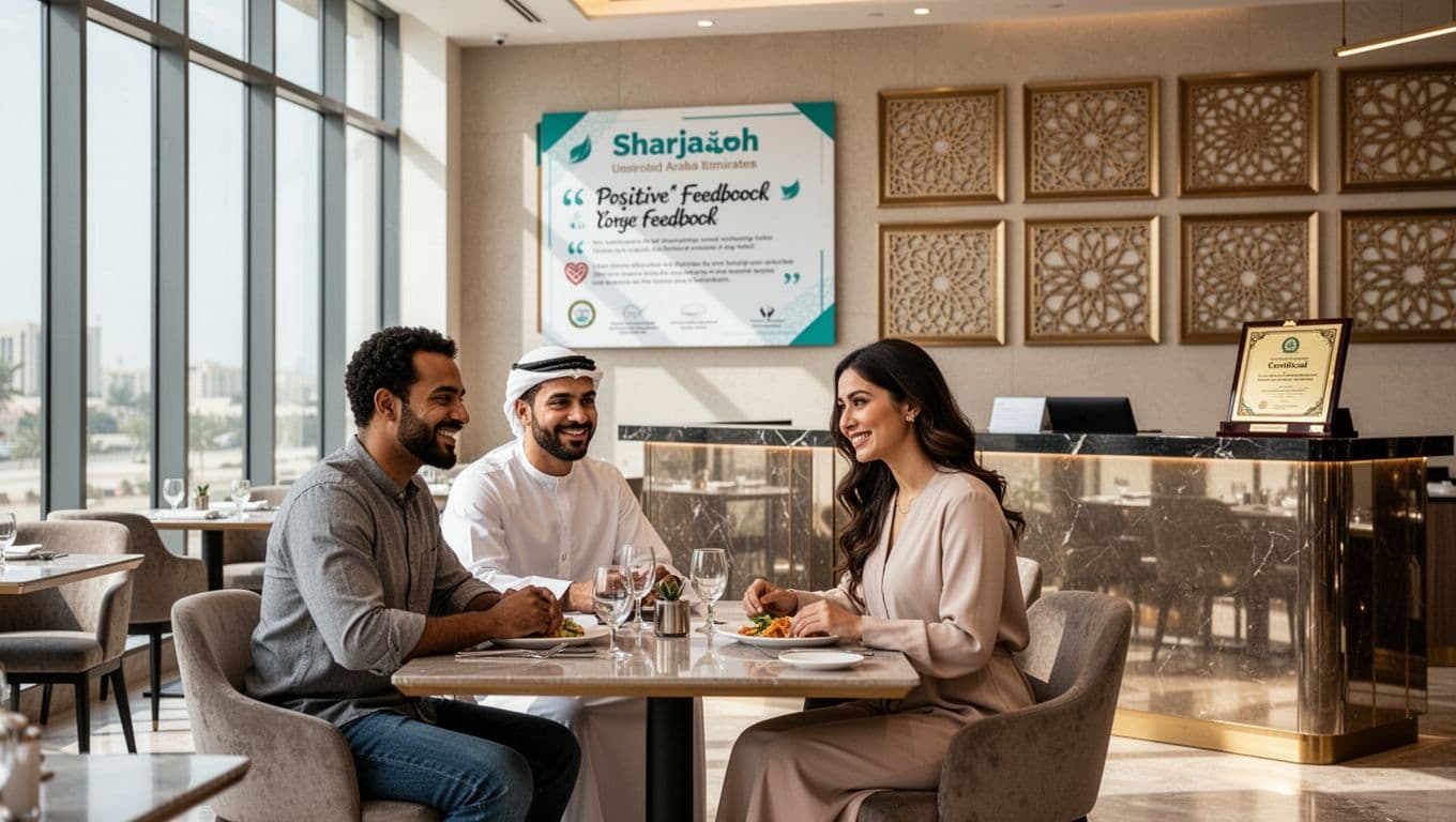 Modern restaurant interior in Sharjah, UAE, featuring trust signals like wall-mounted customer reviews, framed client logos, and a verified business badge on the reception counter with natural lighting and subtle teal accents.