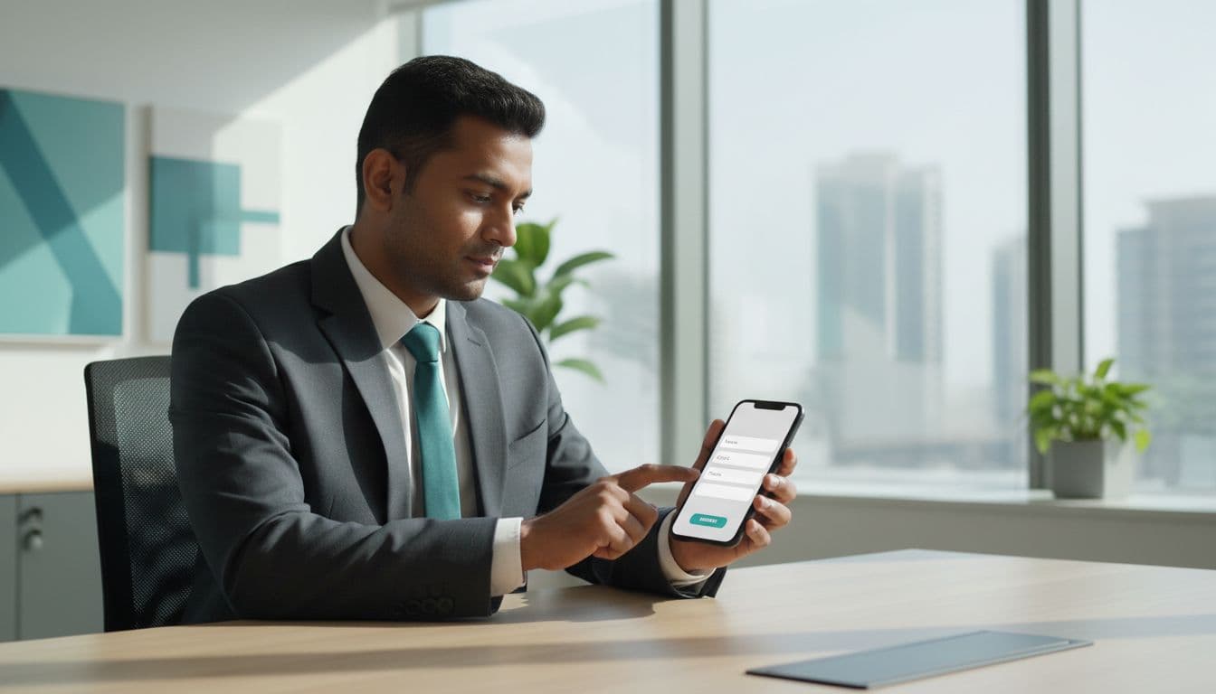 South Asian male business owner in modern Sharjah office holds smartphone naturally to complete a short contact form with simple fields, professional UAE directory style photography with natural daylight and subtle teal accents.
