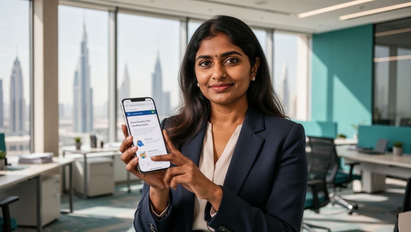 A diverse South Asian female business owner in a Dubai office holds a smartphone displaying a fast-loading webpage, captured in professional editorial style with natural daylight and subtle teal accents for a clean, modern, trustworthy look.