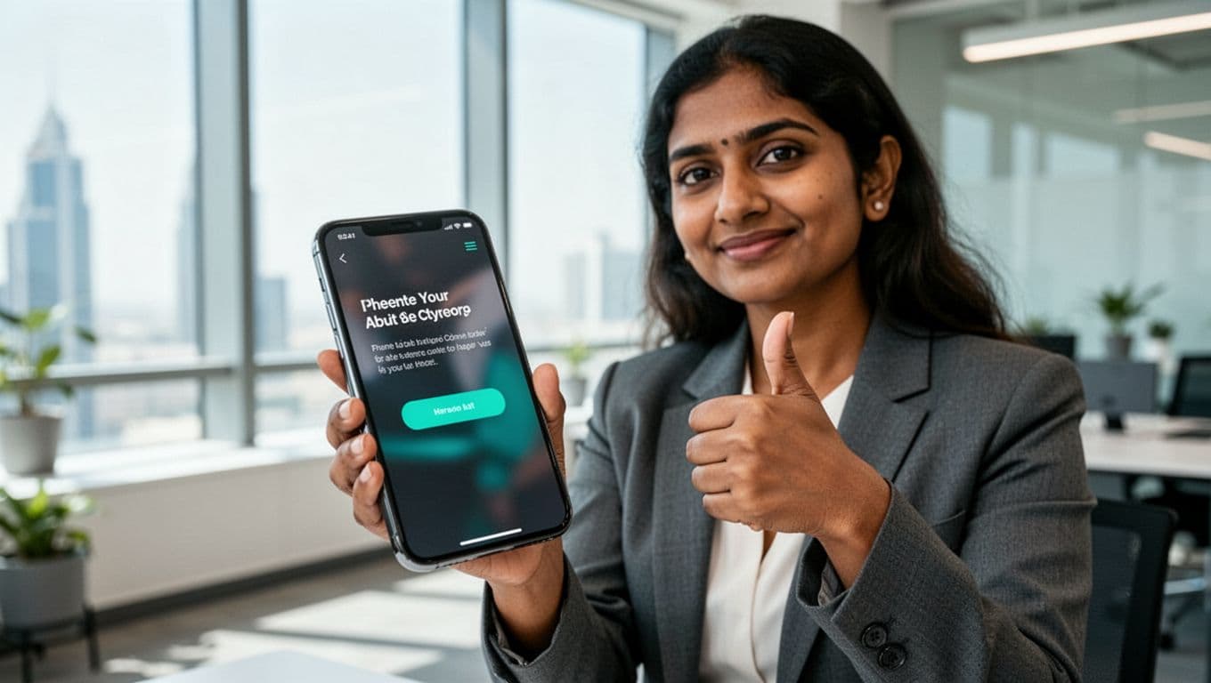 South Asian businesswoman in Abu Dhabi coworking space holds mobile phone showing clean UAE homepage design, focused on clear headline and CTA button with screen blurred, thumbs up gesture nearby, bright natural light, professional style.