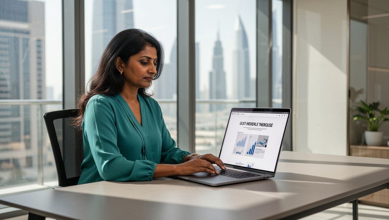 A South Asian woman, UAE business owner, sits at her desk in a modern Dubai office viewing a laptop screen showing a clean webpage headline structure, captured in professional editorial style with natural daylight and subtle teal accents.
