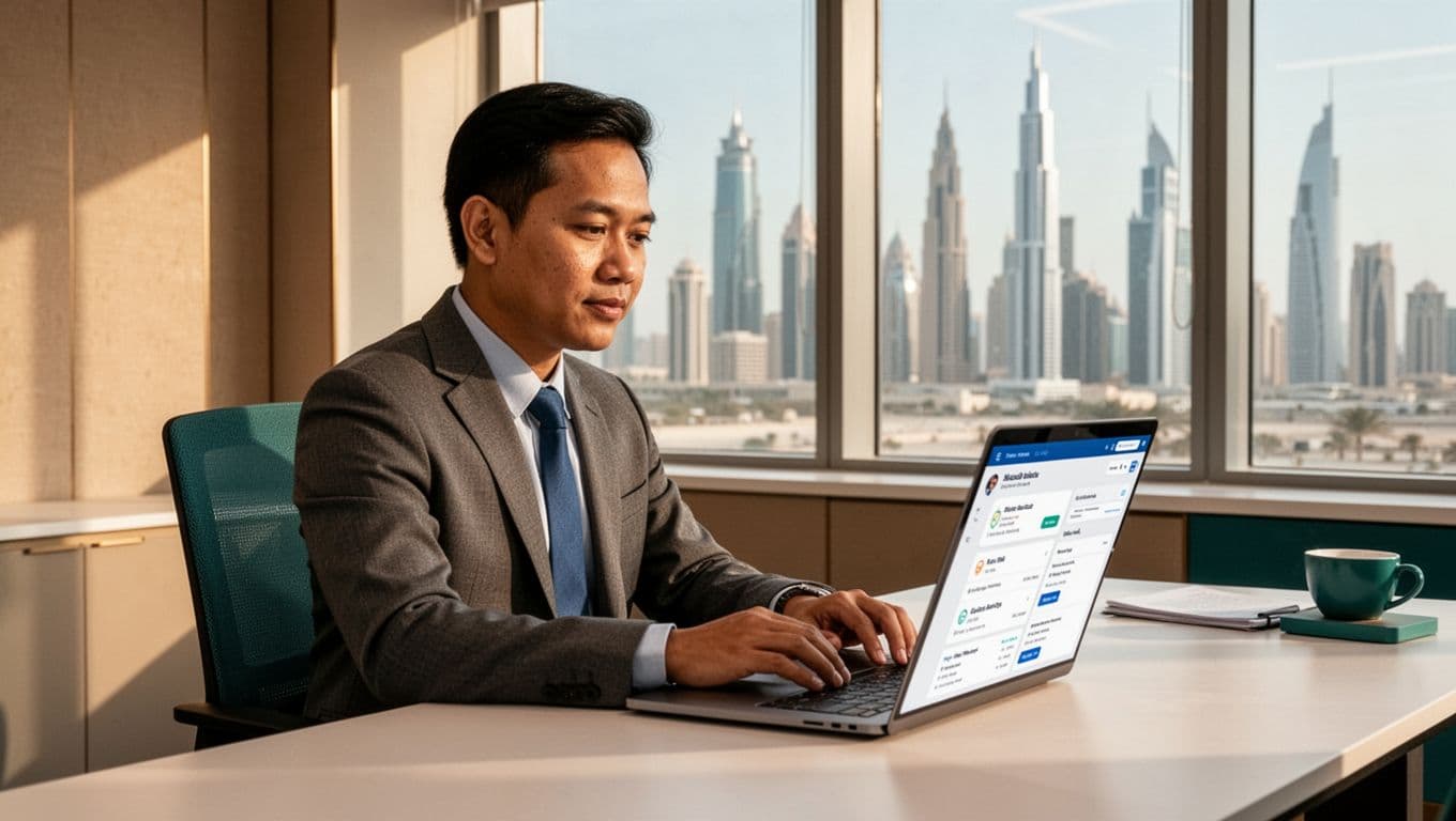 A Filipino business owner in a modern Abu Dhabi office space audits and improves online business listing details on a laptop, featuring profile fields like hours, photos, and amenities, with a city skyline view.