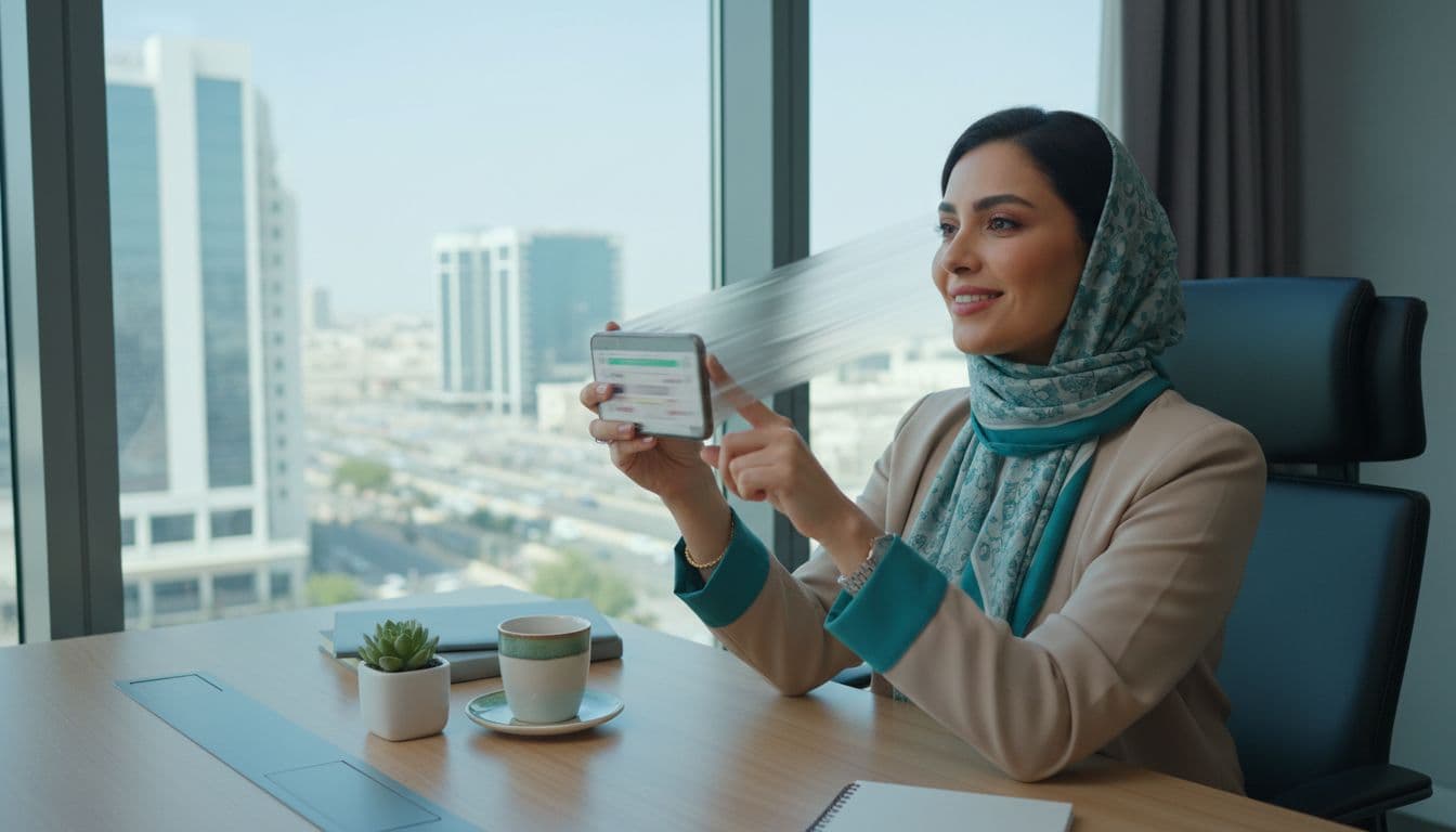 A professional UAE woman in a modern Sharjah office happily tests a fast-loading website on her smartphone, with smooth motion blur implying speed, at a desk with coffee and city view.