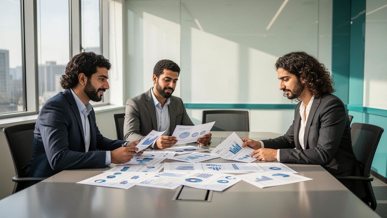 Diverse group of three UAE professionals in a bright conference room, reviewing printed testimonials and client logos on the table during a positive discussion.