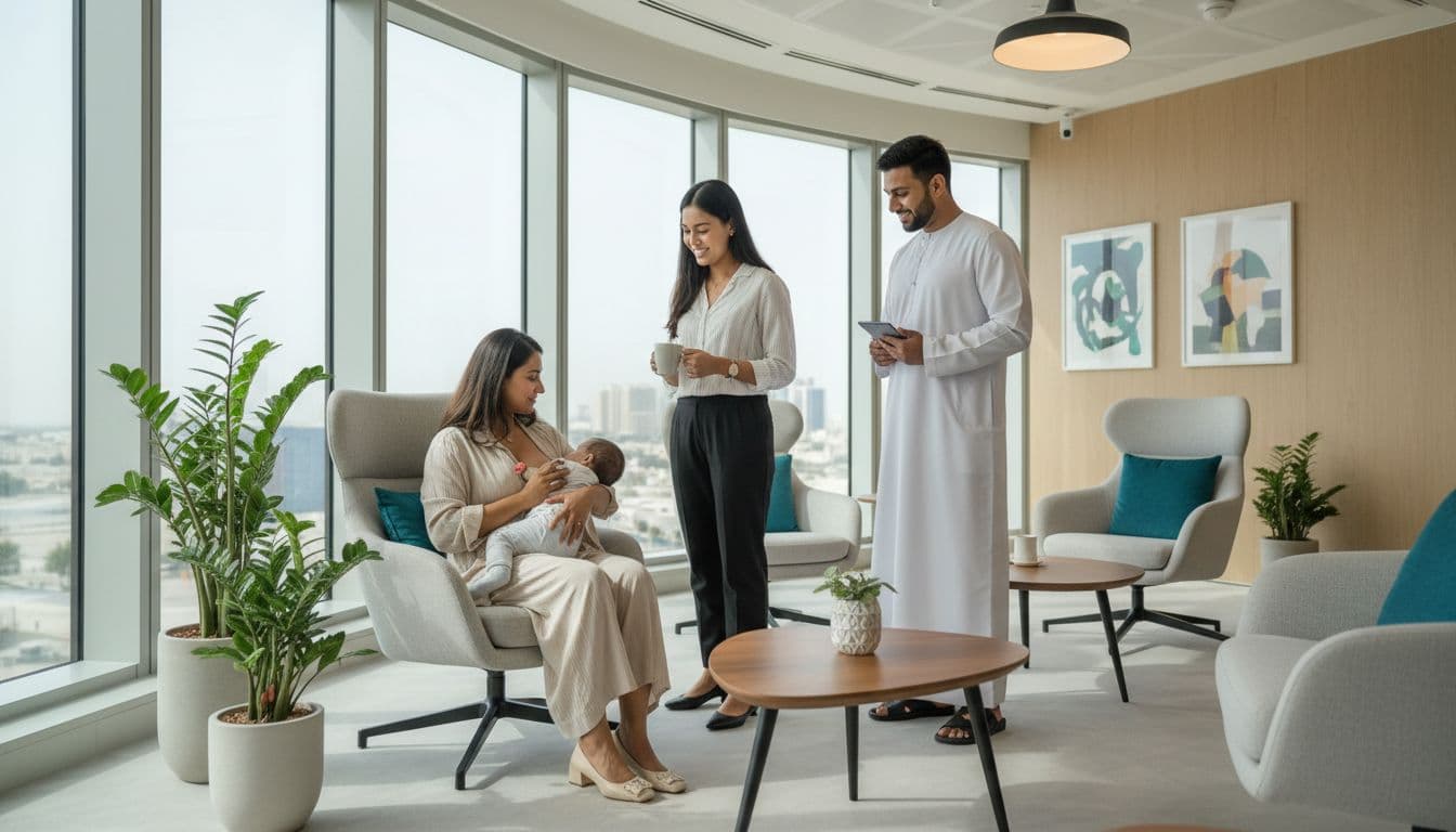 An Indian woman returning from maternity leave enjoys a nursing break with her baby in a comfortable lounge area of a modern small business office in Abu Dhabi, while a colleague hands her coffee amid natural light and teal accents.