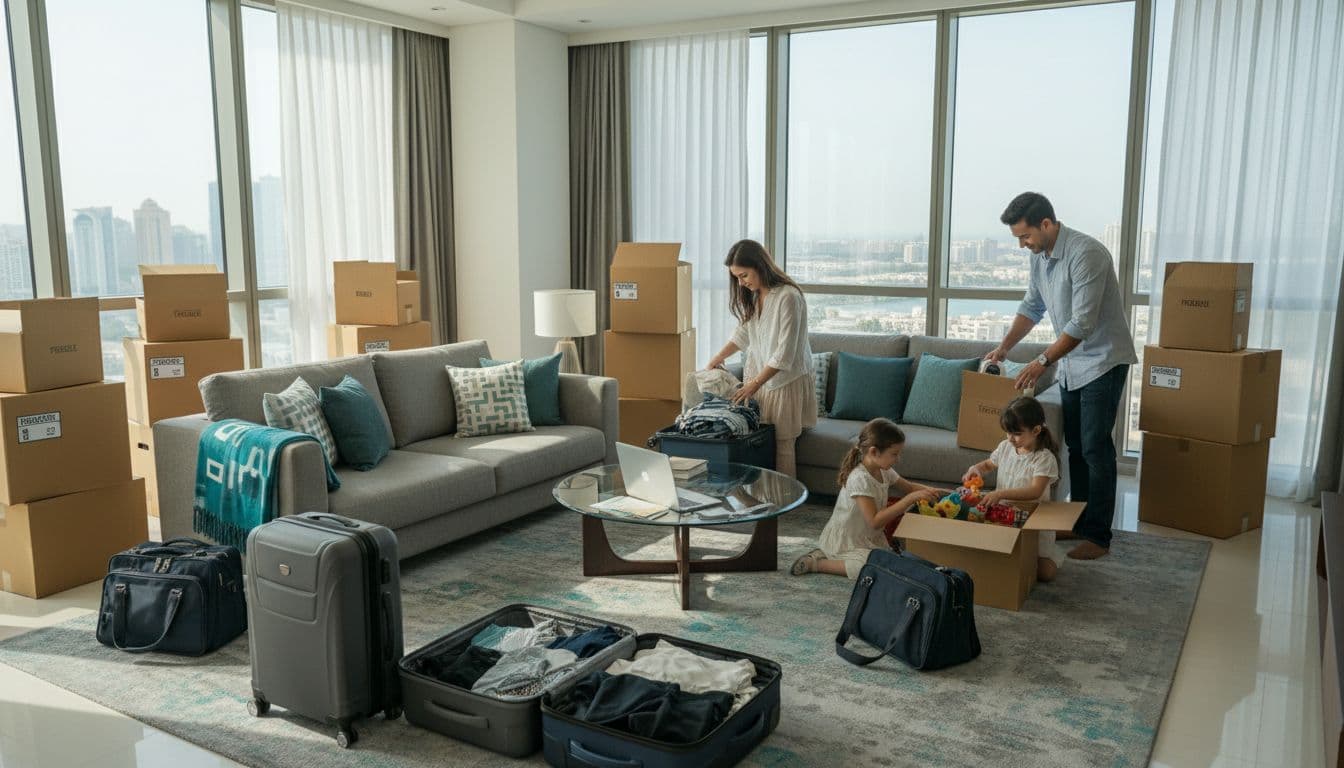 Modern living room in Dubai apartment with stacked boxes and packed suitcases.