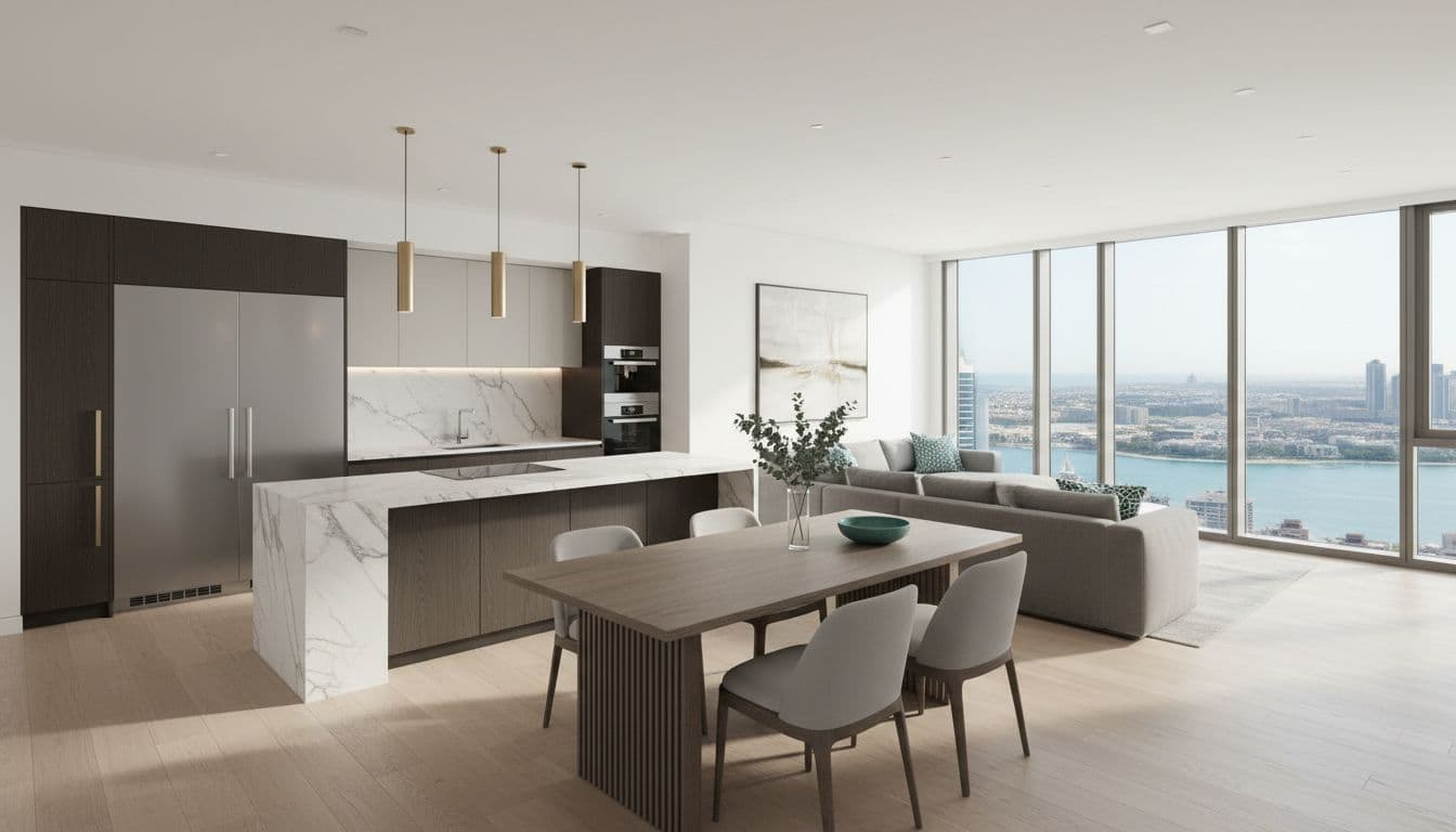 Empty luxury kitchen and living area in modern show apartment with marble counters, sofa, dining table, and Dubai waterfront view.