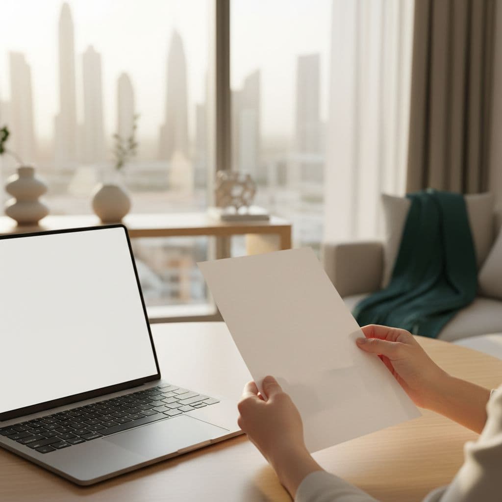 Close-up of hands holding paper checklist at minimalist desk with laptop and sunlight in modern apartment.