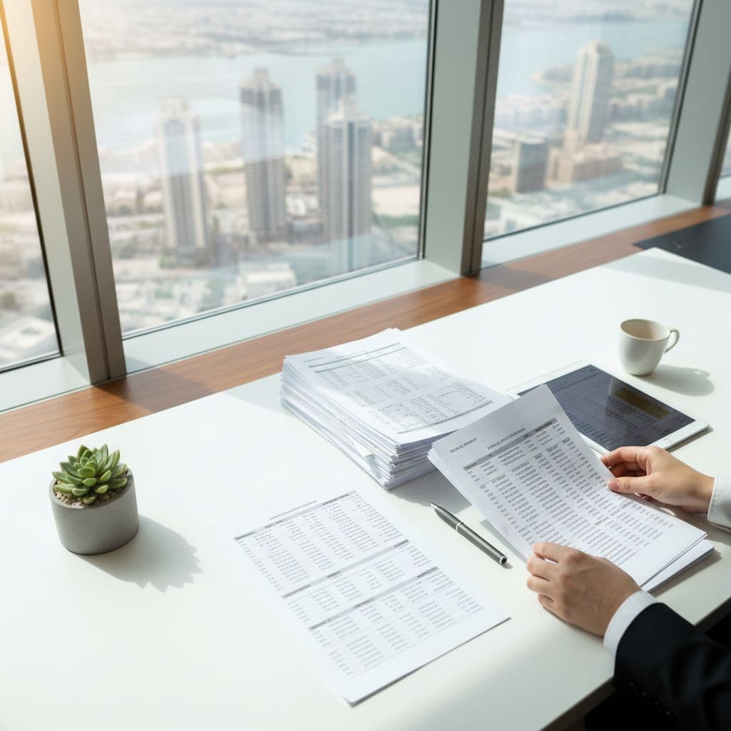 Hands sort documents and tablet on clean desk in Dubai office.