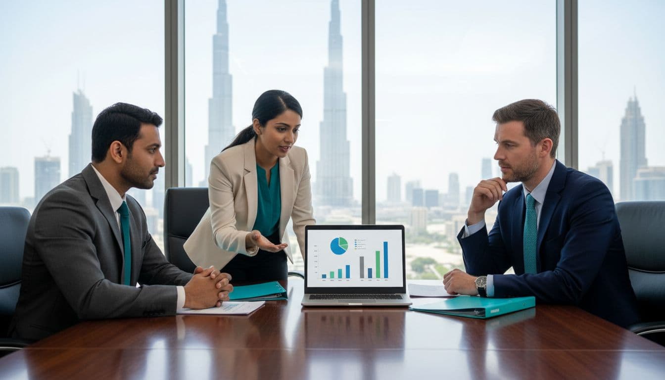 Three diverse business professionals review property charts on laptop in Dubai conference room with Burj Khalifa view.